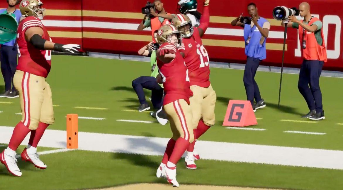 San Francisco 49ers running back Christian McCaffrey celebrates after scoring another touchdown against the Philadelphia Eagles.