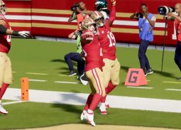 San Francisco 49ers running back Christian McCaffrey celebrates after scoring another touchdown against the Philadelphia Eagles.