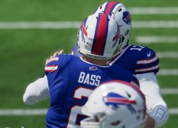 Buffalo Bills kicker Tyler Bass celebrates as his game winning field goal is good.