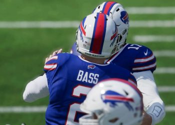 Buffalo Bills kicker Tyler Bass celebrates as his game winning field goal is good.