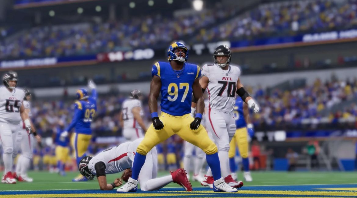 Rams Maurice Hurst celebrates after sacking Falcons quarterback Desmond Ridder