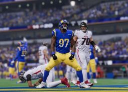 Rams Maurice Hurst celebrates after sacking Falcons quarterback Desmond Ridder