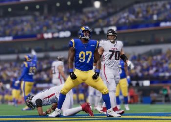 Rams Maurice Hurst celebrates after sacking Falcons quarterback Desmond Ridder